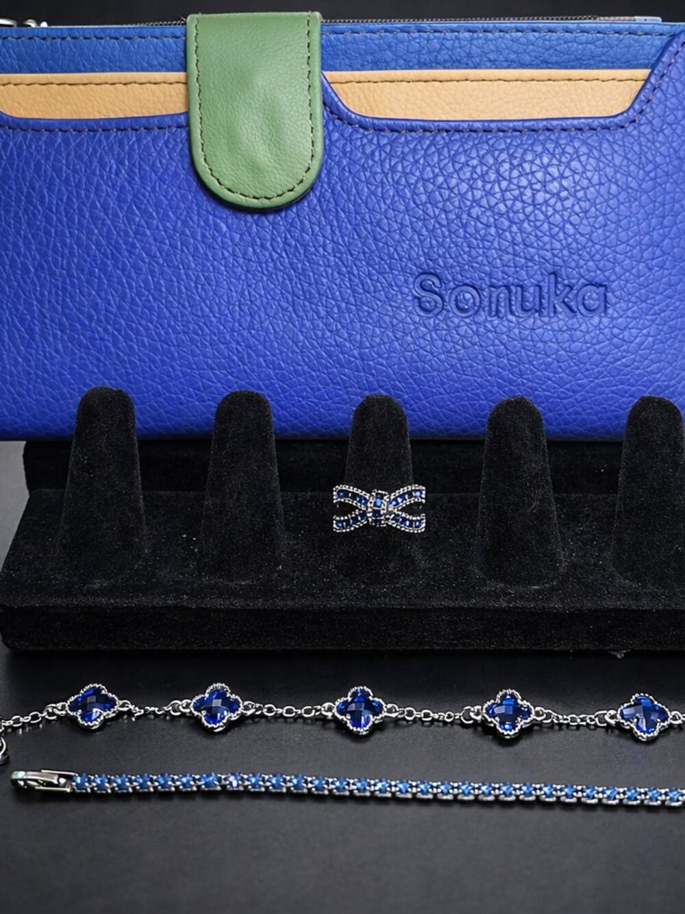 NWT 4 piece blue leather Soruka wallet, Platinum Sapphire diamond ring bundle